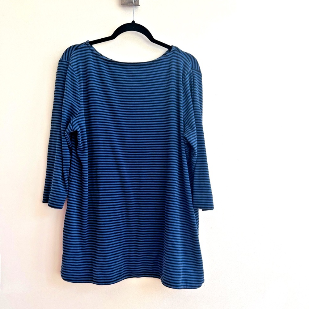 Chicos Women's Ultimate Tee Size 3 Blue With Black Stripe Pullover 3/4 Sleeve